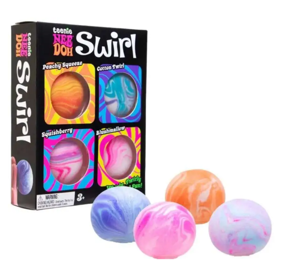 Set of four NeeDoh Teenie Swirl stress balls by Schylling Inc, colorful squishy toys for stress relief and sensory play.