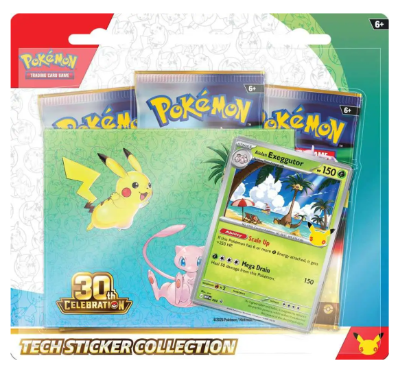 Pokémon TCG 30th Celebration Tech Sticker Collection featuring Alolan Exeggutor, with colorful gaming-themed sticker design.