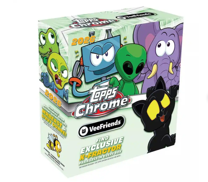 Topps Chrome VeeFriends trading card mega box with colorful packaging and multiple collectible cards inside.