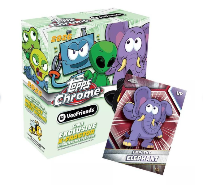Topps Chrome VeeFriends Trading Card Mega Box with colorful packs and collectible cards displayed inside