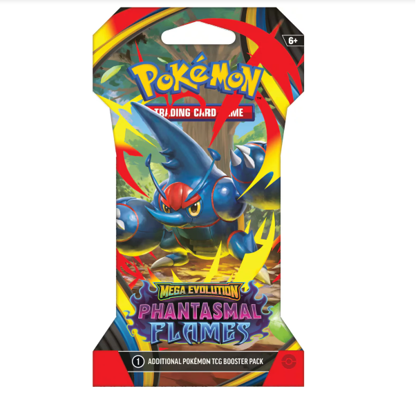 Sealed Pokémon TCG Mega Evolution Phantasmal Flames blister pack with sleeved trading cards featuring Pokémon characters.