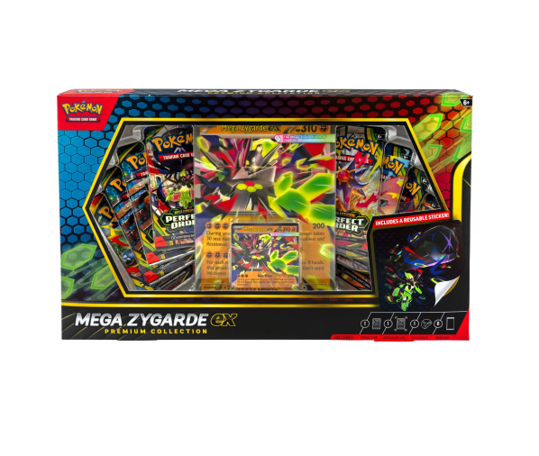 Pokémon Mega Zygarde ex Premium Collection trading card game box with cards and packaging, featuring Zygarde ex artwork.