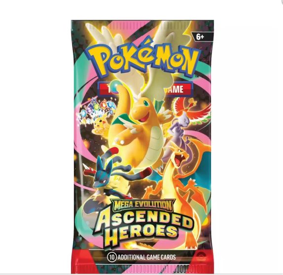 Pokémon TCG Mega Evolution Ascended Heroes booster pack with colorful illustrations of Pokémon cards.