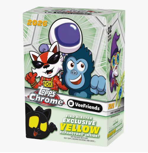 Topps 2026 Topps Chrome VeeFriends trading cards value box featuring collectible VeeFriends character cards and vibrant packaging.