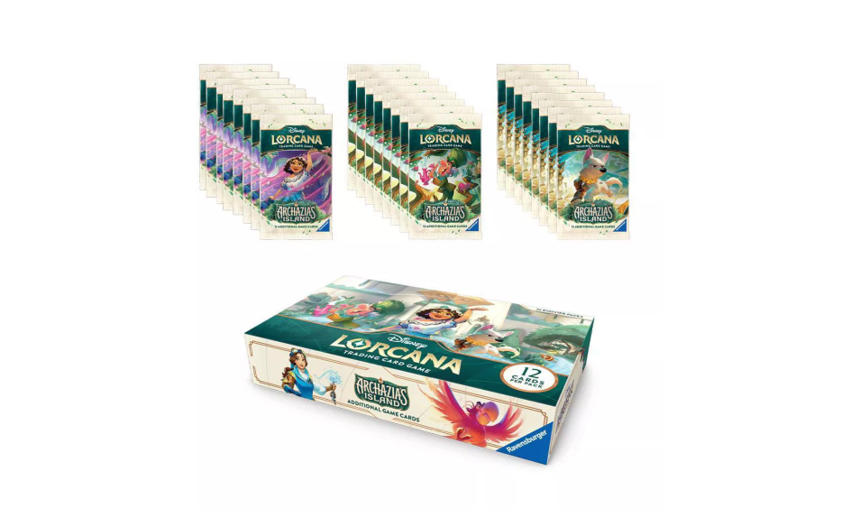 A set of Lorcana-themed card packs arranged in rows above a larger illustrated product box on a plain white background. The packaging features colorful fantasy artwork and the visible brand/title text 'Lorcana'.