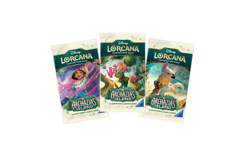 Three Disney Lorcana Trading Card Pack booster packs arranged side by side on a plain white background. The packs feature colorful fantasy artwork with characters and titles including Archazil's Island.