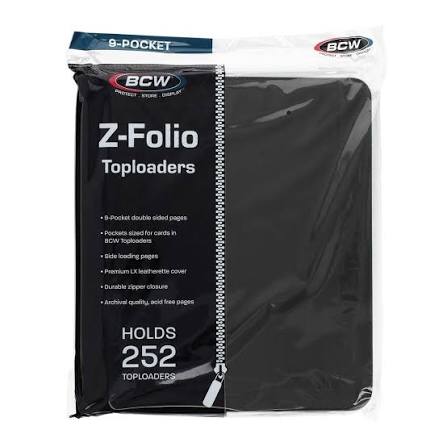 BCW Z-Folio 9 pocket black leatherette binder filled with 3x4 toploaders