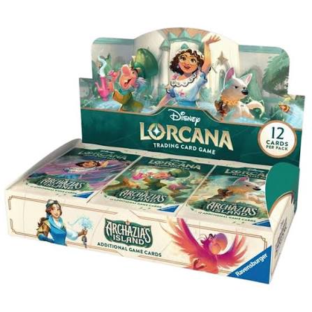 Disney Lorcana Trading Card Game display box with multiple card packs visible inside, shown on a plain white background. The packaging features colorful fantasy artwork and branding for Disney Lorcana and Archazias Island.