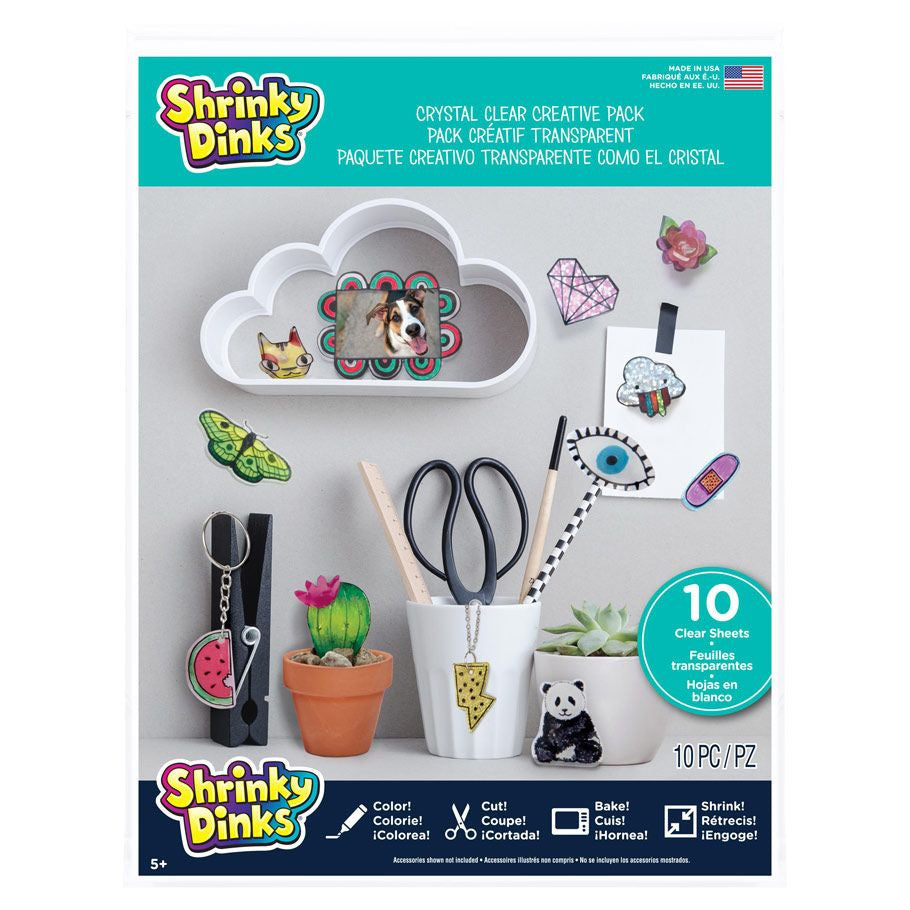 Just Play Shrinky Dinks Creative Pack with 10 crystal clear sheets for kids arts and crafts activities.